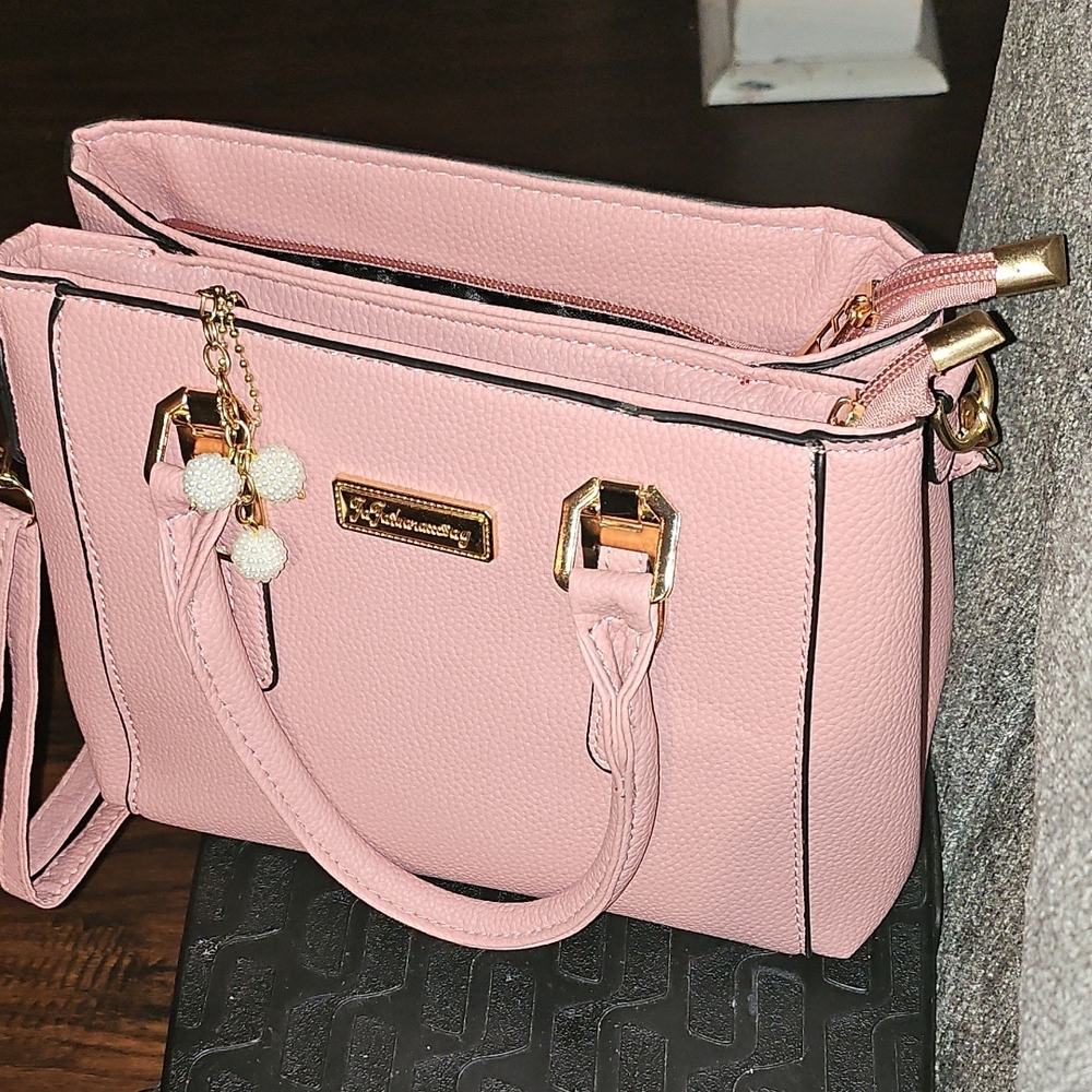 Pink Structured Satchel Handbag with Gold Accents